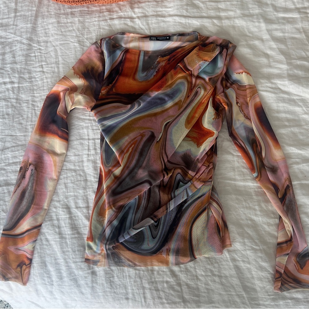 Zara Mesh Long Sleeve Top Ruched Tulle Top